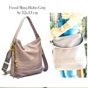 Fossil Maya Hobo color gray pebbled leather 13” gold details size zips c…